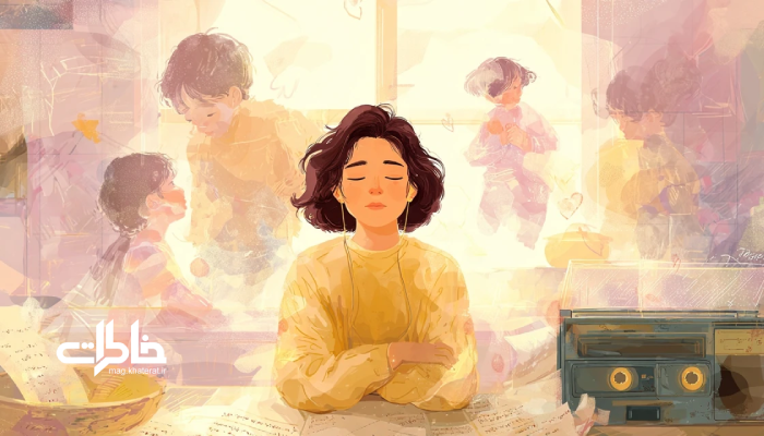 زن جوانی در حال گوش دادن به موسیقی و غرق شدن در خاطرات کودکی؛ تصویری آرامبخش با حضور نمادهای نوستالژی مثل رادیوی قدیمی، نور گرم و یادگارهای گذشته — مجله خاطرات