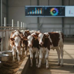 گوساله‌های تازه‌ازشیرگرفته در جایگاه پرورش، کنار آخور و آبخوری‌ها؛ مدیر دامداری در حال پایش وضعیت گله و نمایشگر داده‌های عملکرد در پس‌زمینه.